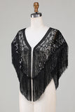 Black Sequins Glitter 1920s Cape with Fringes