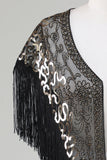 Black Sequins Glitter 1920s Cape with Fringes