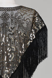 Black Sequins Glitter 1920s Cape with Fringes