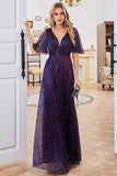 Sparkly V-Neck Purple Party Dress with Short Sleeves