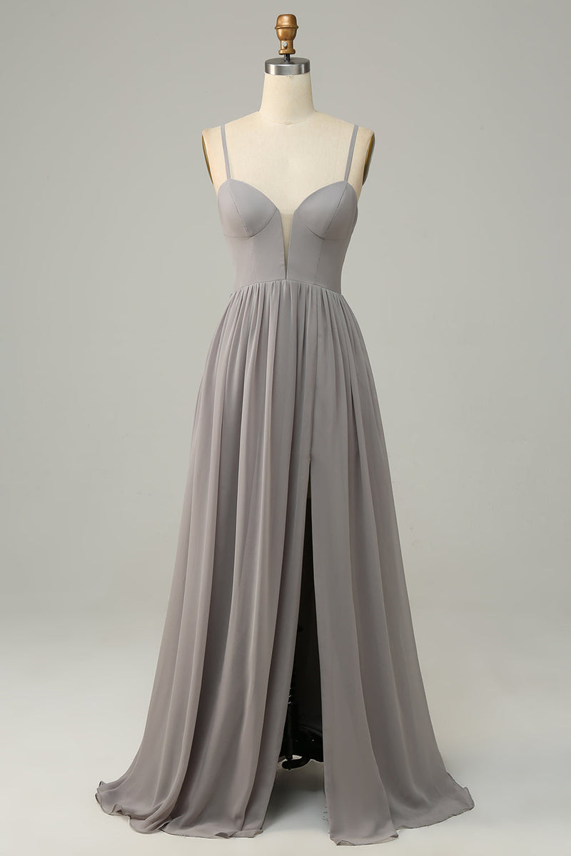 Load image into Gallery viewer, Silver A Line Spaghetti Straps Long Bridesmaid Dress With Slit