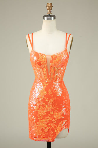 Gorgeous Orange Lace Up Tight Glitter Homecoming Dress