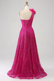 Fuchsia A-Line One Shoulder Feather Sequin Long Prom Dress With Slit