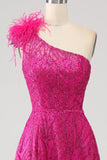 Fuchsia A-Line One Shoulder Feather Sequin Long Prom Dress With Slit