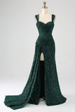 Dark Green Sheath Sparkly Sequin Pleated Long Prom Dress With Thigh Split