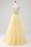 Tulle Beaded Light Yellow Prom Dress with Slit