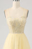 Load image into Gallery viewer, Tulle Beaded Light Yellow Prom Dress with Slit