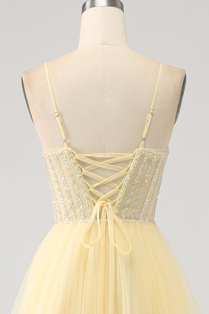Load image into Gallery viewer, Tulle Beaded Light Yellow Prom Dress with Slit