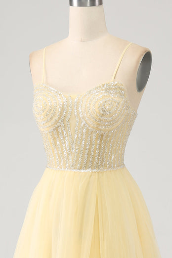 Tulle Beaded Light Yellow Prom Dress with Slit
