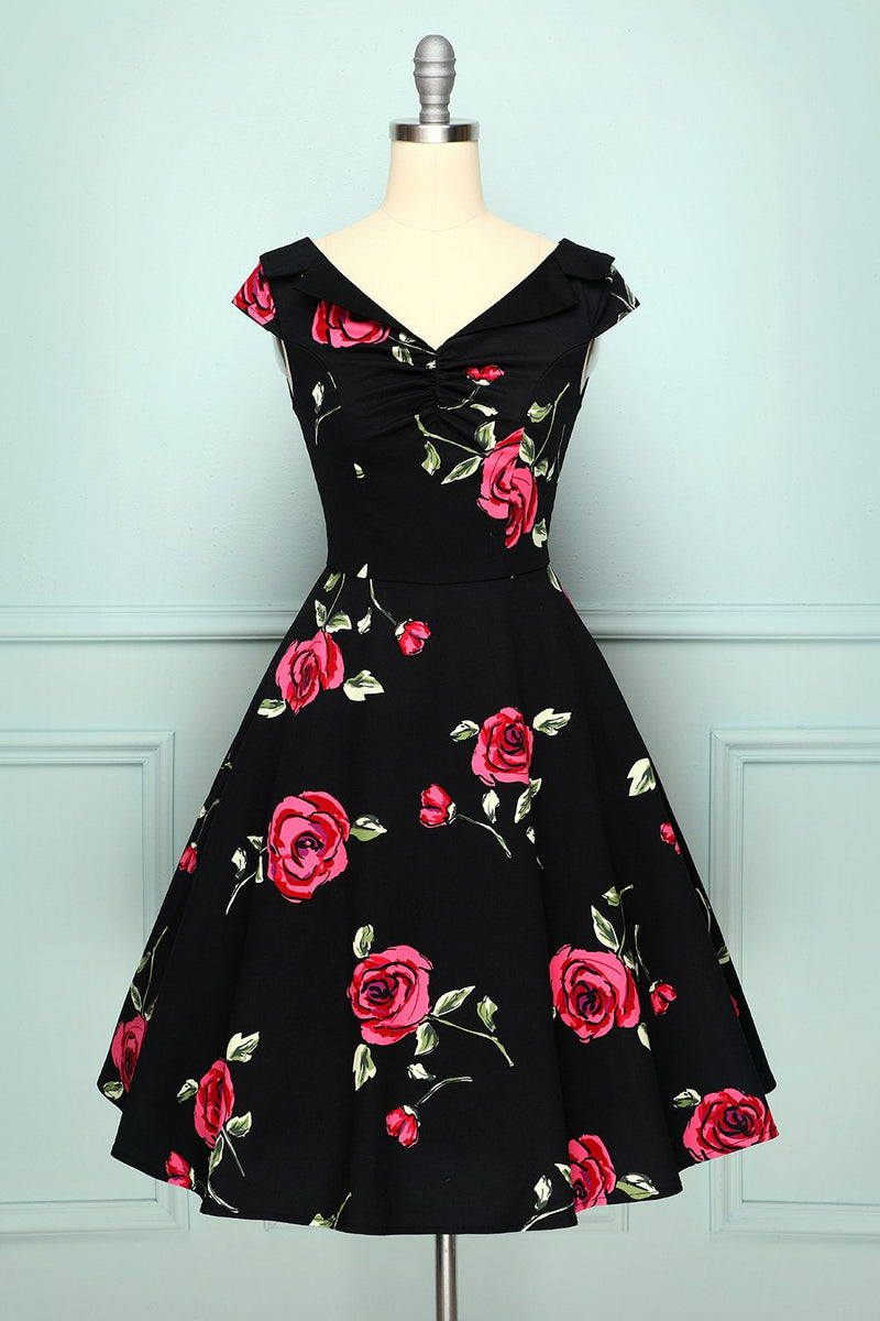 Load image into Gallery viewer, Black Rose Printed Dress