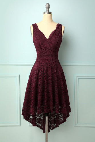 Burgundy V-Neck Lace Dress