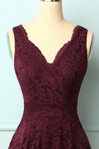 Burgundy V-Neck Lace Dress