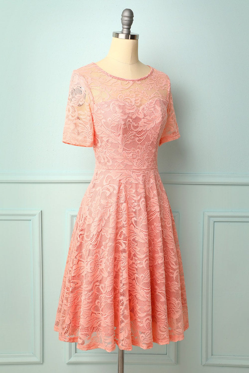 Load image into Gallery viewer, Pink Midi Lace Bridesmaid Dress