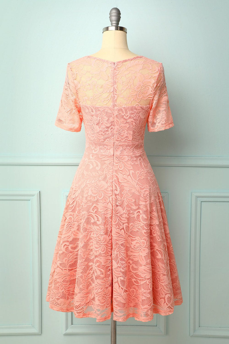 Load image into Gallery viewer, Pink Midi Lace Bridesmaid Dress