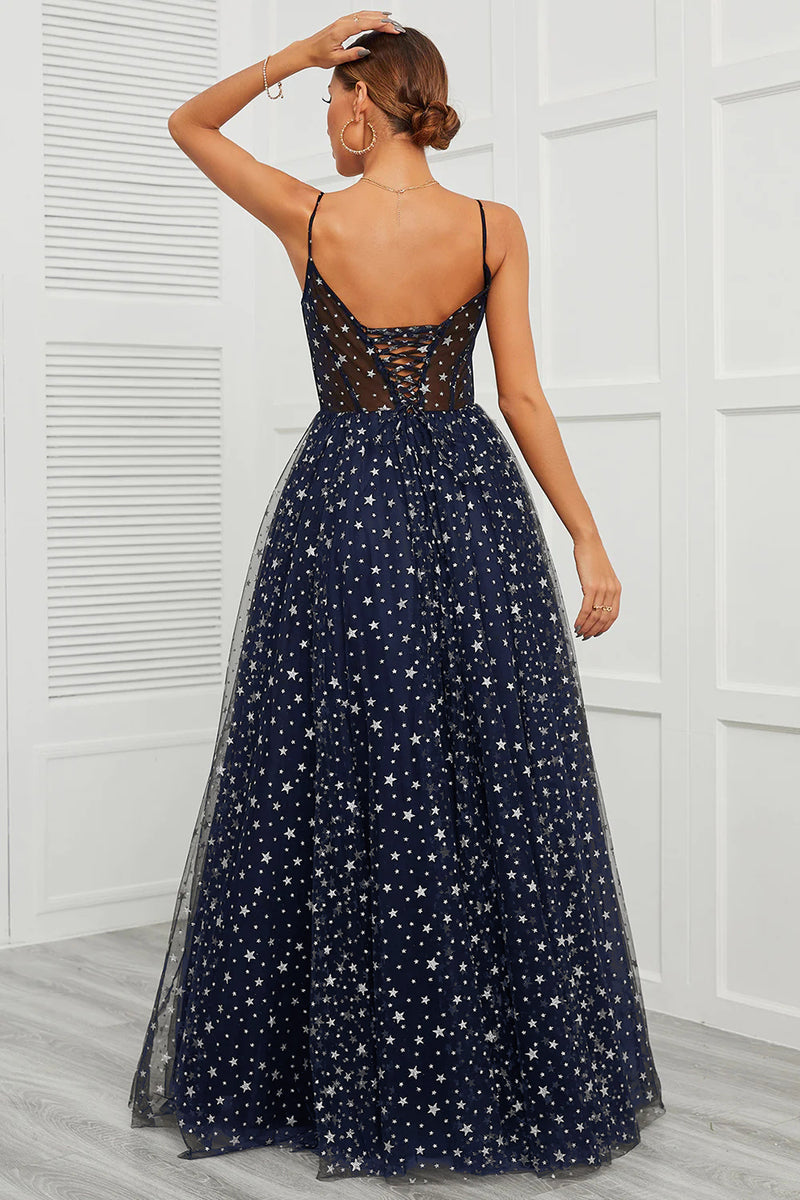 Load image into Gallery viewer, Spaghetti Straps Navy Long Prom Dress with Star
