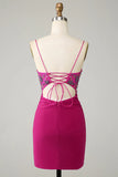 Stylish Bodycon Spaghetti Straps Fuchsia Short Homecoming Dress with Beaded