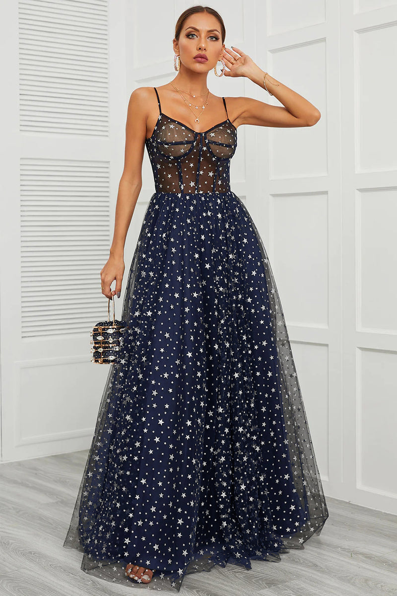 Load image into Gallery viewer, Spaghetti Straps Navy Long Prom Dress with Star