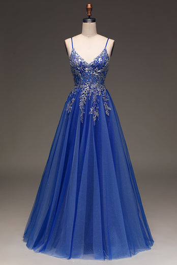 A-Line Sequins Royal Blue Prom Dress with Appliques