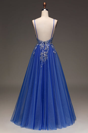 A-Line Sequins Royal Blue Prom Dress with Appliques