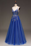 A-Line Sequins Royal Blue Prom Dress with Appliques