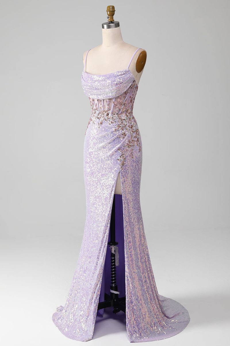 Load image into Gallery viewer, Lilac Sparkly Spaghetti Straps Mermaid Prom Dress with Slit