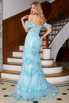 Stylish Mermaid Off the Shoulder Sky Blue Long Prom Dress with Lace Ruffles