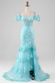 Sky Blue Off the Shoulder Lace and Sequin Mermaid Prom Dress with Slit