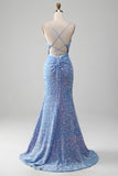 Sparkly Sequins Mermaid Light Blue Prom Dress with Slit