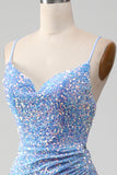 Sparkly Sequins Mermaid Light Blue Prom Dress with Slit