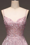 Glitter Spaghetti Straps Blush Prom Dress with Beading