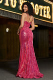 Stunning Mermaid Spaghetti Straps Fuchsia Sequins Corset Prom Dress