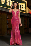 Stunning Mermaid Spaghetti Straps Fuchsia Sequins Corset Prom Dress