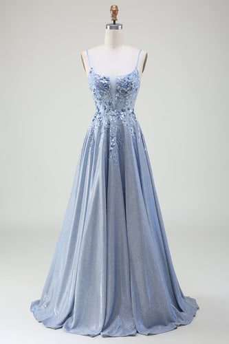 Glitter A-Line Spaghetti Straps Grey Blue Prom Dress