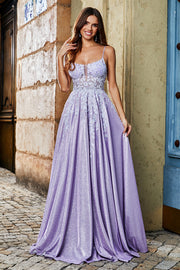 Lilac A-Line Spaghetti Straps Long Glitter Prom Dress With Beading