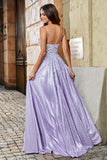 Lilac A-Line Spaghetti Straps Long Glitter Prom Dress With Beading