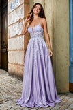 Lilac A-Line Spaghetti Straps Long Glitter Prom Dress With Beading