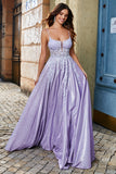 Lilac A-Line Spaghetti Straps Long Glitter Prom Dress With Beading