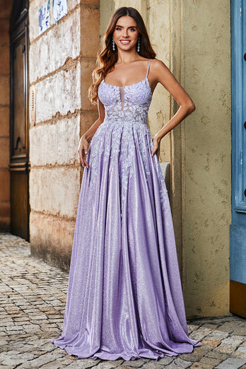 Lilac A-Line Spaghetti Straps Long Glitter Prom Dress With Beading