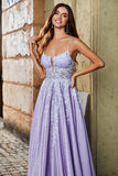 Lilac A-Line Spaghetti Straps Long Glitter Prom Dress With Beading