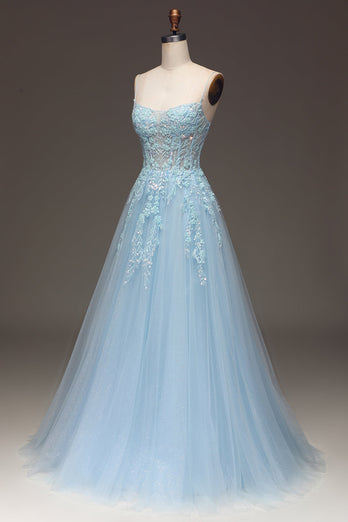 A Line Light Blue Sequin Spaghetti Straps Prom Dress With Appliques