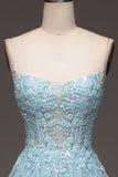 A Line Light Blue Sequin Spaghetti Straps Prom Dress With Appliques