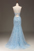 Load image into Gallery viewer, Blue Tulle Mermaid Prom Dress with Beaded