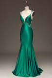 Green Deep V-neck Satin Mermaid Prom Dress with Lace-up Back