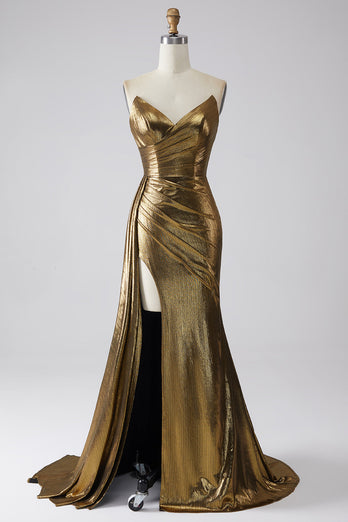 Sparkly Mermaid Golden Metallic Long Prom Dress with Slit