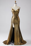 Sparkly Mermaid Golden Long Prom Dress with Slit