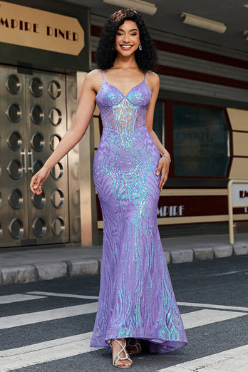 Stylish Mermaid Spaghetti Straps Purple Sequins Corset Prom Dress