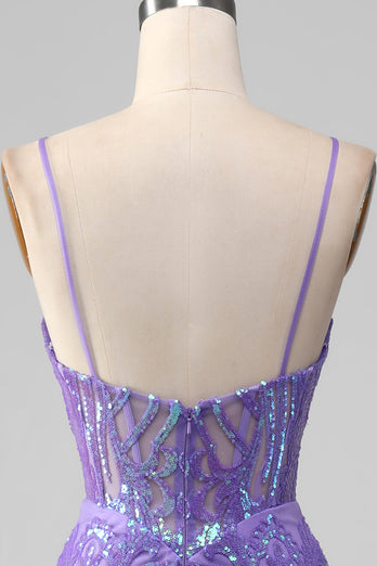 Queendancer Women Sparkly Purple Long Corset Prom Dress Mermaid