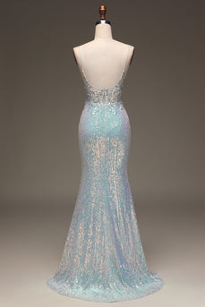 Sparkly Mermaid Grey Blue Prom Dress with Slit