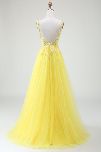 Tulle Beaded Yellow Corset Prom Dress with Slit