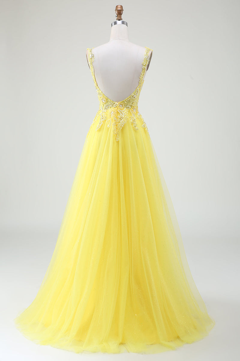 Load image into Gallery viewer, Tulle Beaded Yellow Corset Prom Dress with Slit